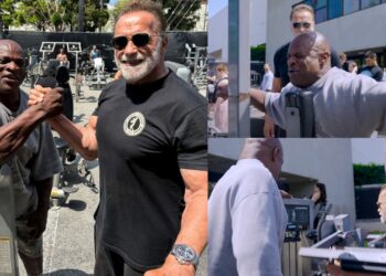 Ikone gospodina Olympia Arnold Schwarzenegger i Ronnie Coleman udružuju snage za vježbanje delta i ruku u Gold’s Gym Venice