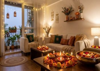 Diwali dekoracija doma s dijalama, cvijećem i toplim svjetlima