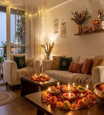 Diwali dekoracija doma s dijalama, cvijećem i toplim svjetlima